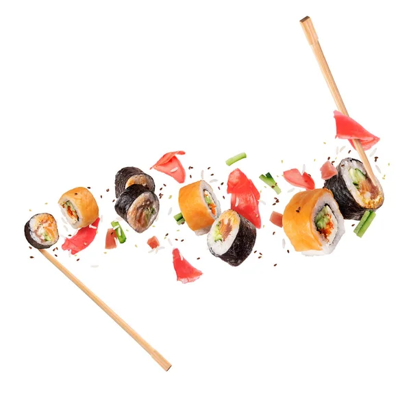 新鲜寿司卷 配料在空气中 白色背景隔离 — 图库照片