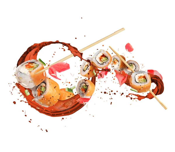 Rotoli Sushi Freschi Ingredienti Con Spruzzi Salsa Soia Isolati Sfondo — Foto Stock