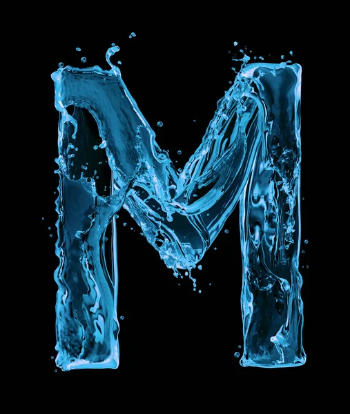 拉丁字母M 用水溅在黑色的背景上 — 图库照片