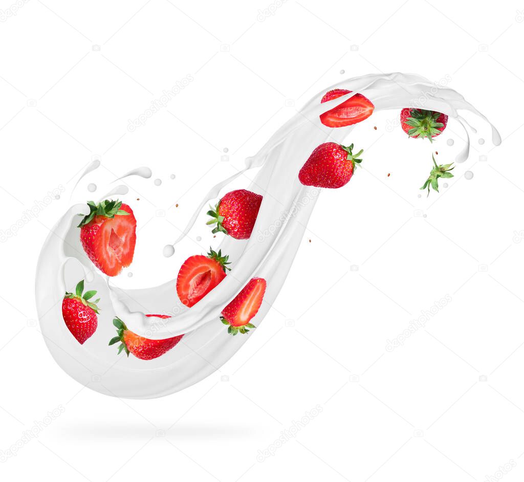 Whole and sliced strawberries in milk splashes close-up isolated on white background