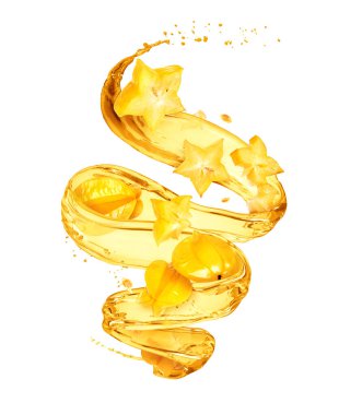 Meyve suyuyla dolu olgun bir karambola, kıvrımlı bir şekil, beyaz bir grupta izole edilmiş.