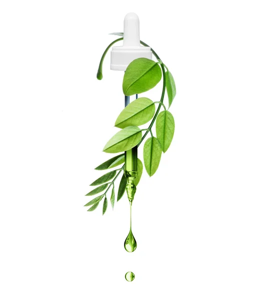 Медицинская Косметическая Пипетка Зелеными Листьями Крупным Планом Белом Фоне — стоковое фото