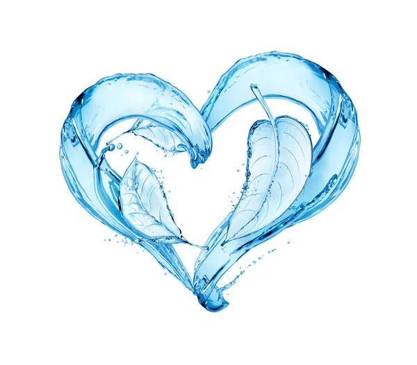 Herz Mit Blättern Aus Wasser Spritzt Konzeptbild Auf Weißem Hintergrund — Stockfoto