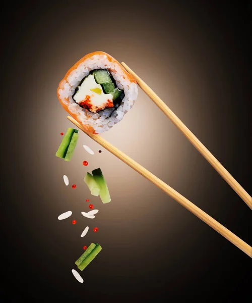 Friss Hagyományos Japán Sushi Lazaccal Kaviárral Evőpálcikák Között Fekete Alapon — Stock Fotó