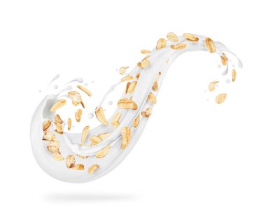 Beyaz arkaplanda izole edilmiş süt damlaları olan tahıllar 