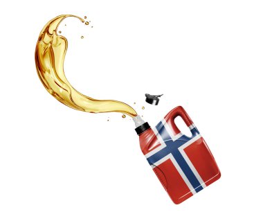 Norveç bayrağı taşıyan plastik bir konteynırdan dökülen motor yağı damlaları, beyaz arka planda izole edilmiş.