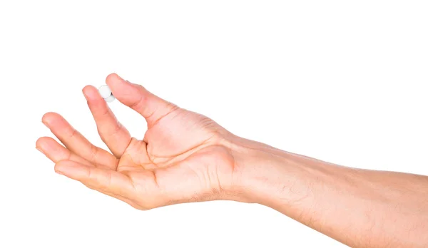 Ręką człowieka posiadają dwie tabletki na białym tle — Zdjęcie stockowe