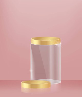 Kozmetik ürün için 3B şekil sunum sunumu silindir kaidesi şeffaf altın ve pembe fon  