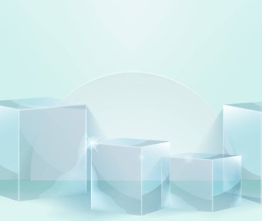 Stüdyo odası vektörü 3 boyutlu ürün sunumu kare kare podyum mavi kozmetik ürün için...  