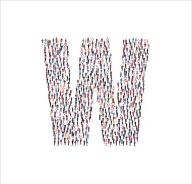 Beyaz arkaplanda W harfinin sembolünü oluşturan düz bir illüstrasyon topluluğu. Vektör illüstrasyonu