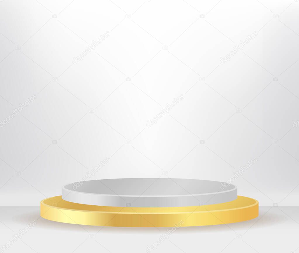 Modern white and gold cylinder pedestal podium, minimal, Stage for awards on website,  Abstract room,