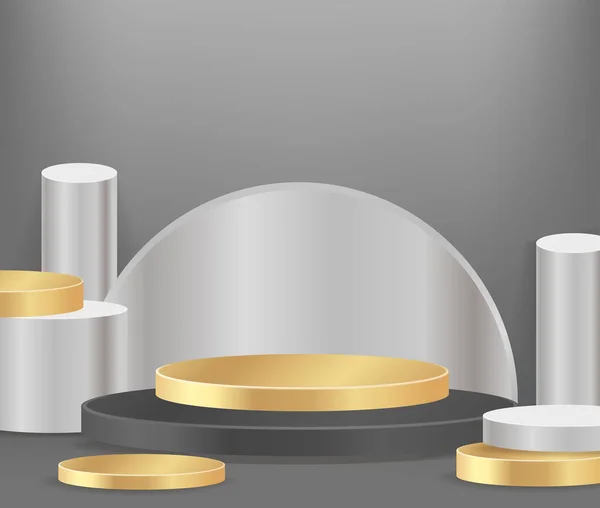 Modern siyah ve altın silindirli kaidesel podyum, en az, web sitesindeki ödüller için sahne, soyut oda,