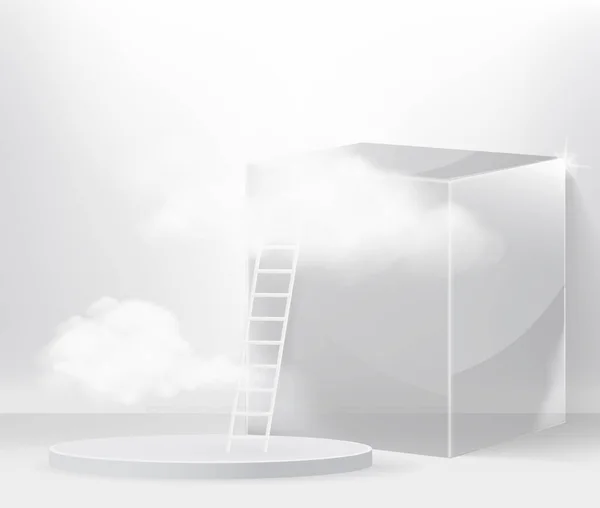 Studio Room Concept Transparent Cylinder Podium Ladder Cloud Platforms Cosmetic — Stock Vector