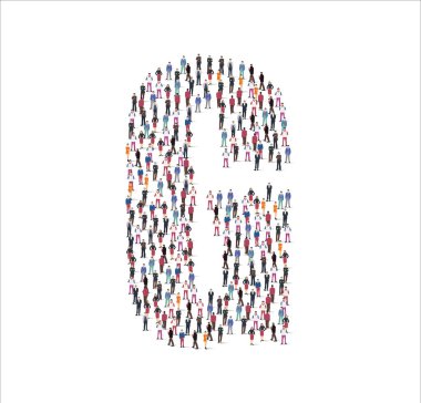 Geniş bir insan grubu çizim dairesi. Beyaz arkaplanda G sembolü oluşturuluyor. Vektör illüstrasyonu, Grup, İnsanlar ayarlandı