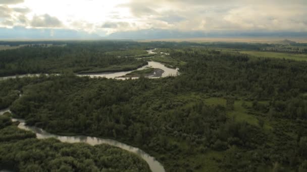 Полет в облачную погоду над рекой, лесом и горами — стоковое видео