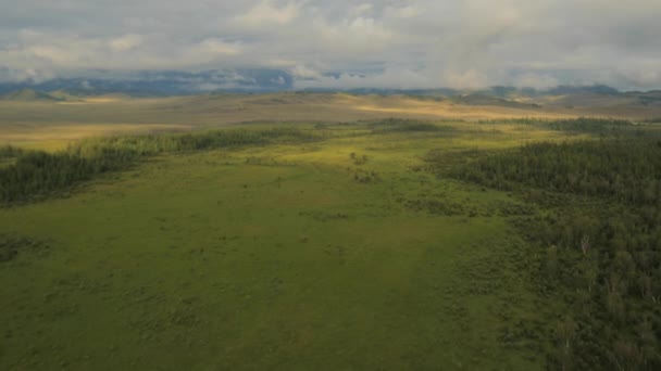 Bei trübem Wetter über Fluss, Wald und Berge fliegen — Stockvideo