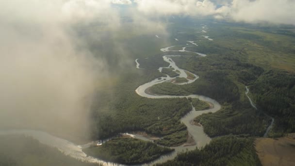 Flying through clouds with beautiful landscape view over the mountains. — Stock Video