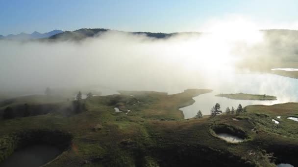 Brume matinale suspendue au-dessus du lac — Video