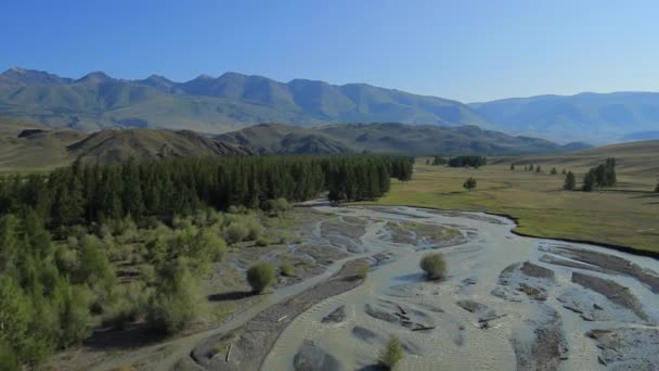 A sobrevoar o rio. Montanhas de Altai, Sibéria. Estepe de Kurai — Vídeo de Stock