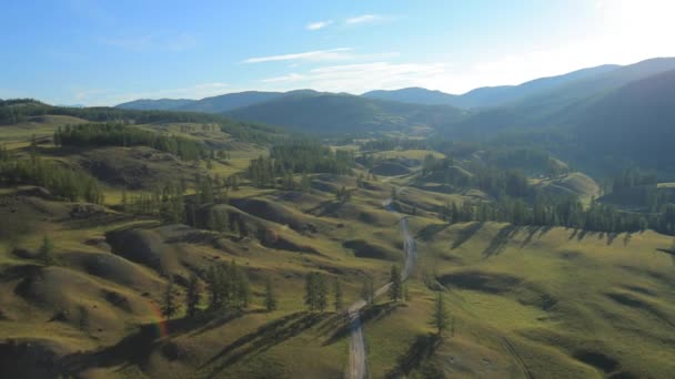 Flight over the Mountains. Altai. Siberia. Flying over the River. Forest Valley. — Stock Video