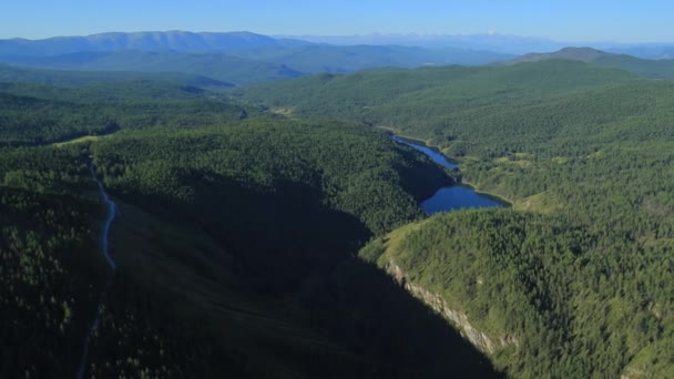 Flight over the Mountains. Altai. Siberia. Flying over the River. Forest Valley. — Stock Video