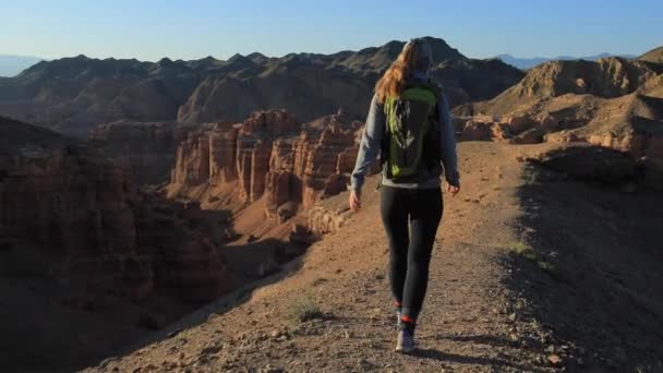 Jong meisje lopen door de Canyons — Stockvideo