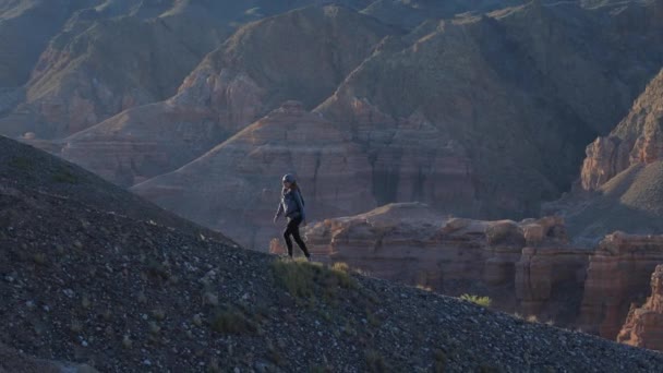 Giovane ragazza che cammina attraverso i canyon — Video Stock