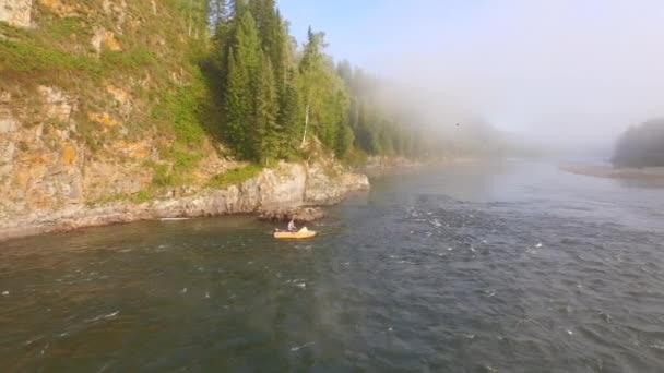 Aerial View. Boat floats on the river. Top view — Stock Video