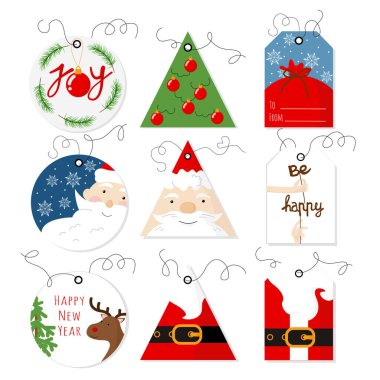 Mutlu bir yılla birlikte hediye etiketleri. Yuvarlak, üçgen ve dikdörtgen etiketli Noel Baba, geyik, Noel ağacı, hediye çantası, tatil için kar taneleri