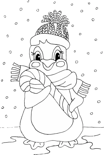 Şapkalı şirin bir penguen, patilerinde lolipop tutuyor. Laponya 'daki ilk kar. Kış tatilleri ve Noel tatilleri için boyama kitabı.