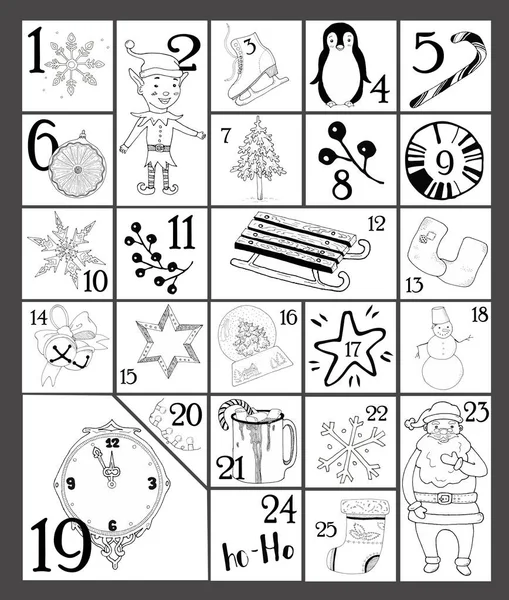 Noel takviminde Noel Baba, Noel Baba, cüce, elf, kar tanesi, yıldız, kızak, kar küresi, kardan adam, keçeli çizme, çorap, eldiven, sıcak çikolata. Noel posteri renklendirmesi