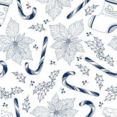 Şenlik atmosferinin elementlerine sahip şirin çizimlere sahip kış arkaplanı: noktalar, Noel yıldızı, Noel çorabı, lolipop, kutsal yapraklar, böğürtlen. Paket kağıdı, duvar kağıdı yazdırma.