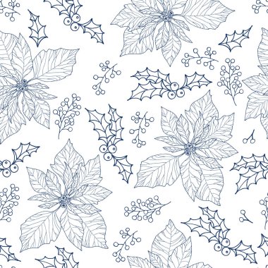 Şenlikli atmosfer elementleriyle kusursuz kış arkaplanı: narin noktalı çiçek ve böğürtlenli bir dal, kar taneleri. Karalama tarzında çizimler 