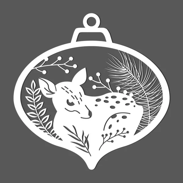 Bir Noel ağacı oyuncağının lazer kesim şablonu ve dallarında bir geyik silueti. Pencere için Noel süsü. Kağıt kesiği orman hayvanlarıyla vektör çizimi.