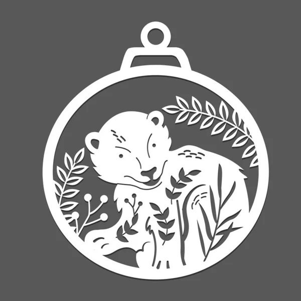 Dallarında bir ayı silueti olan bir Noel ağacı oyuncağının lazer kesim şablonu. Pencere için Noel süsü. Kağıt kesiği orman hayvanlarıyla vektör çizimi.