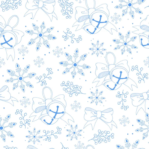 Şenlikli atmosfer elementleri olan şirin çizimlere sahip kış arkaplanı: çanlar, çanlar, böğürtlenli dallar, kar taneleri. Beyaz arkaplanda karalama mavisi tarzında çizimler