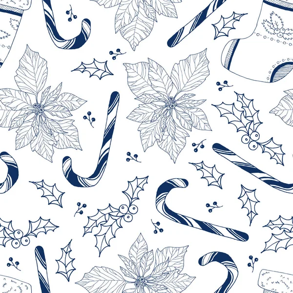 Şenlik atmosferinin elementlerine sahip şirin çizimlere sahip kış arkaplanı: noktalar, Noel yıldızı, Noel çorabı, lolipop, kutsal yapraklar, böğürtlen. Paket kağıdı, duvar kağıdı yazdırma.