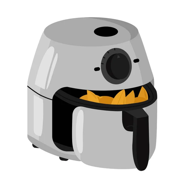 Hazır kızartmalarla birlikte açık kaseli fritöz. Yemek pişirmek için elektronik alet, mutfakta hızlı ve kaliteli yemek pişirmek için. Beyaz arka planda bir kızartma makinesi..