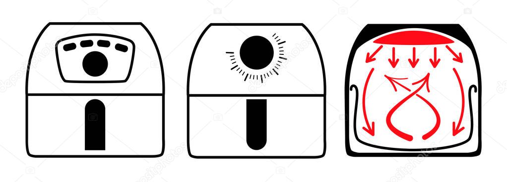 A kitchen electrical appliance of various shapes with a graphical diagram of the operation of heating the air inside the device.