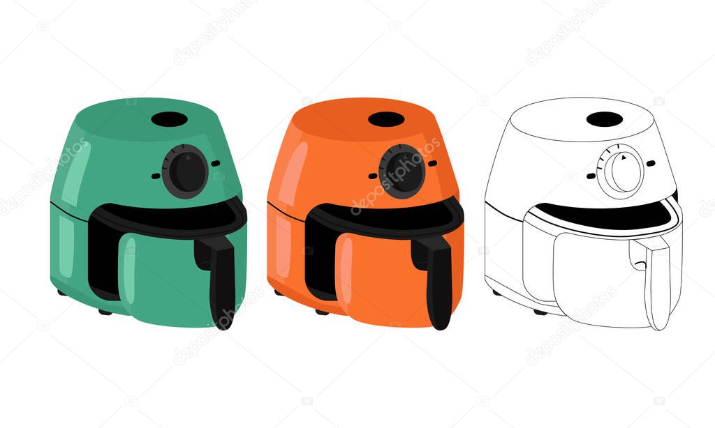 Kitchen appliance air fryer with open bowl and ready to be filled with roasting products. air frying semi sideways in different colors and linear style for smart cooking technique graphic posters.