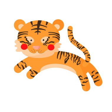 Şirin küçük kaplan zıplıyor. Beyaz arka planda izole edilmiş tropik hayvan karakteri