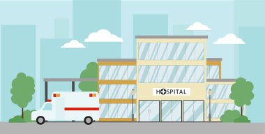 hospital building in flat style. There are trees and an ambulance around the hospital. Medea banner concept clipart