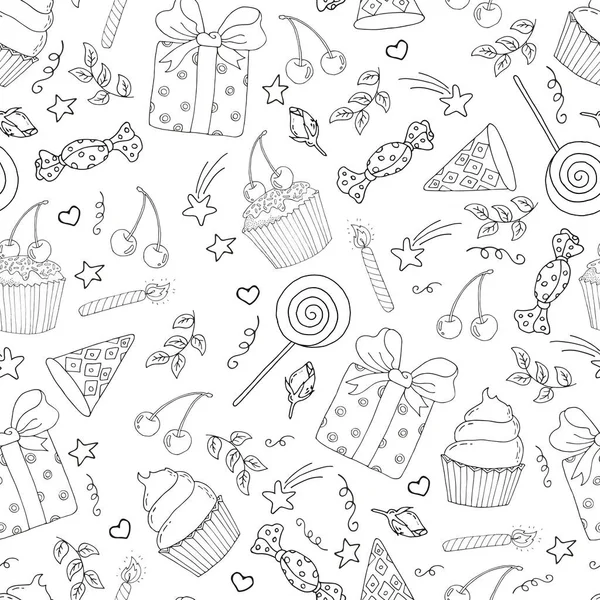 Nahtlose Malvorlagen Für Geburtstagsgeschenke Geschenk Süßigkeiten Süßigkeiten Fahnen Cupcake Cupcake — Stockvektor