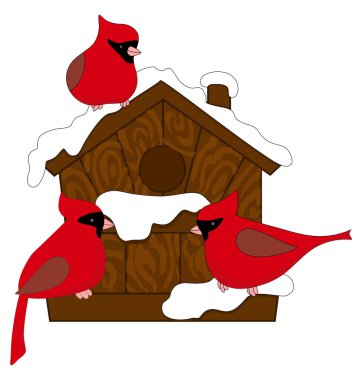 Kırmızı Cardinalis karla beslenen ahşap bir yemlikte.