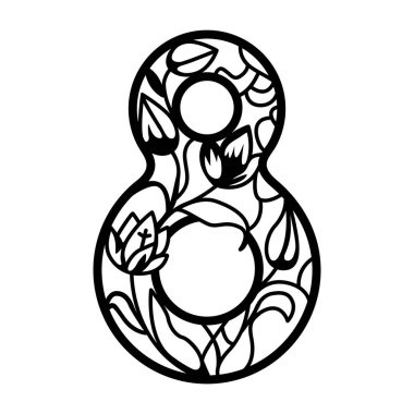 İçinde lale çiçekleri ve bukleleri olan sekiz numara. Uluslararası Kadınlar Günü münasebetiyle sekiz açılış. Bahar tatili için lazer kesim şablonu, çizer, yönlendirici, kartpostal.