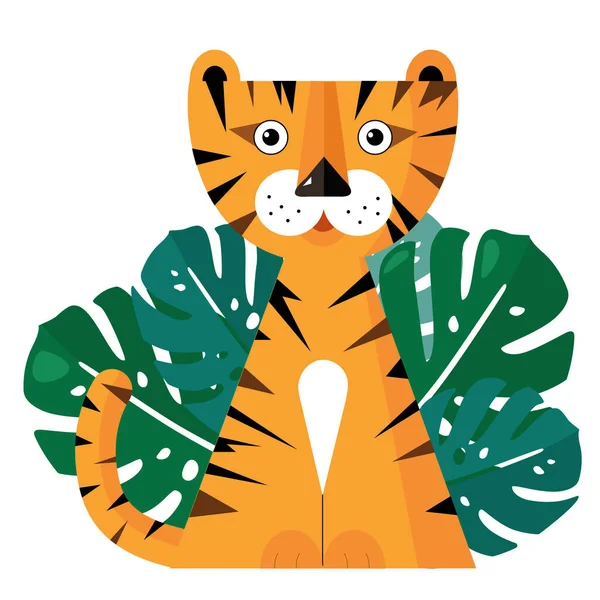 Kübizm tarzında basit figürlerden kaplan. Beyaz arka planda sıcak tropik bölgelerden beyaz boyunlu şirin bir kaplan yavrusu! Tropikal canavar yapraklarıyla. Çocuk posterleri için..