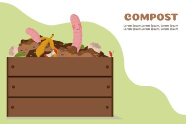 Gübre kutusundaki bir solucan yiyecek atıklarını geri dönüştürmekten mutluluk duyar. Organik geri dönüşüm pankartı. Vektör resmi.
