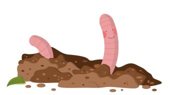 Pembe yanaklı şirin bir solucan, yanında bir yaprak var. Geri dönüştürülmüş gübre kavramı. organik tarım.