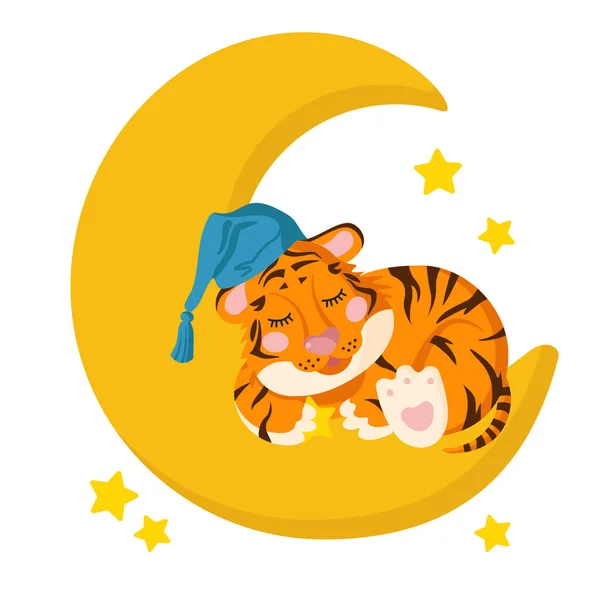 Simpatico Cucciolo Tigre Dorme Sulla Luna Circondato Stelle Tiene Una — Vettoriale Stock
