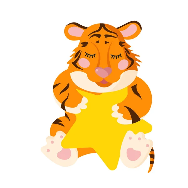 Cute Bébé Tigre Ourson Dort Tout Embrassant Une Étoile Concept — Image vectorielle